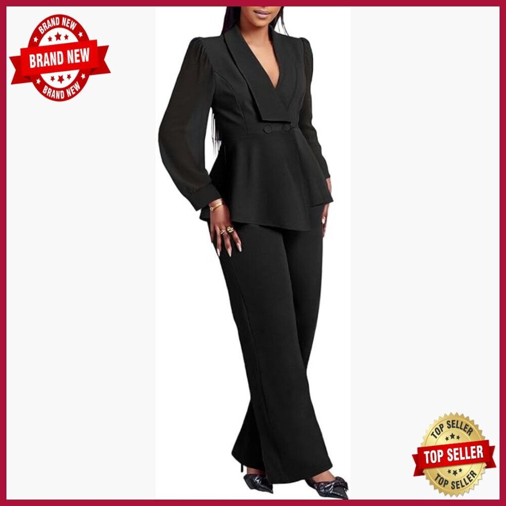 Women's 2-Piece Pant Suit Set Mesh Sleeve Blazer Wide Leg Pants Business Casual